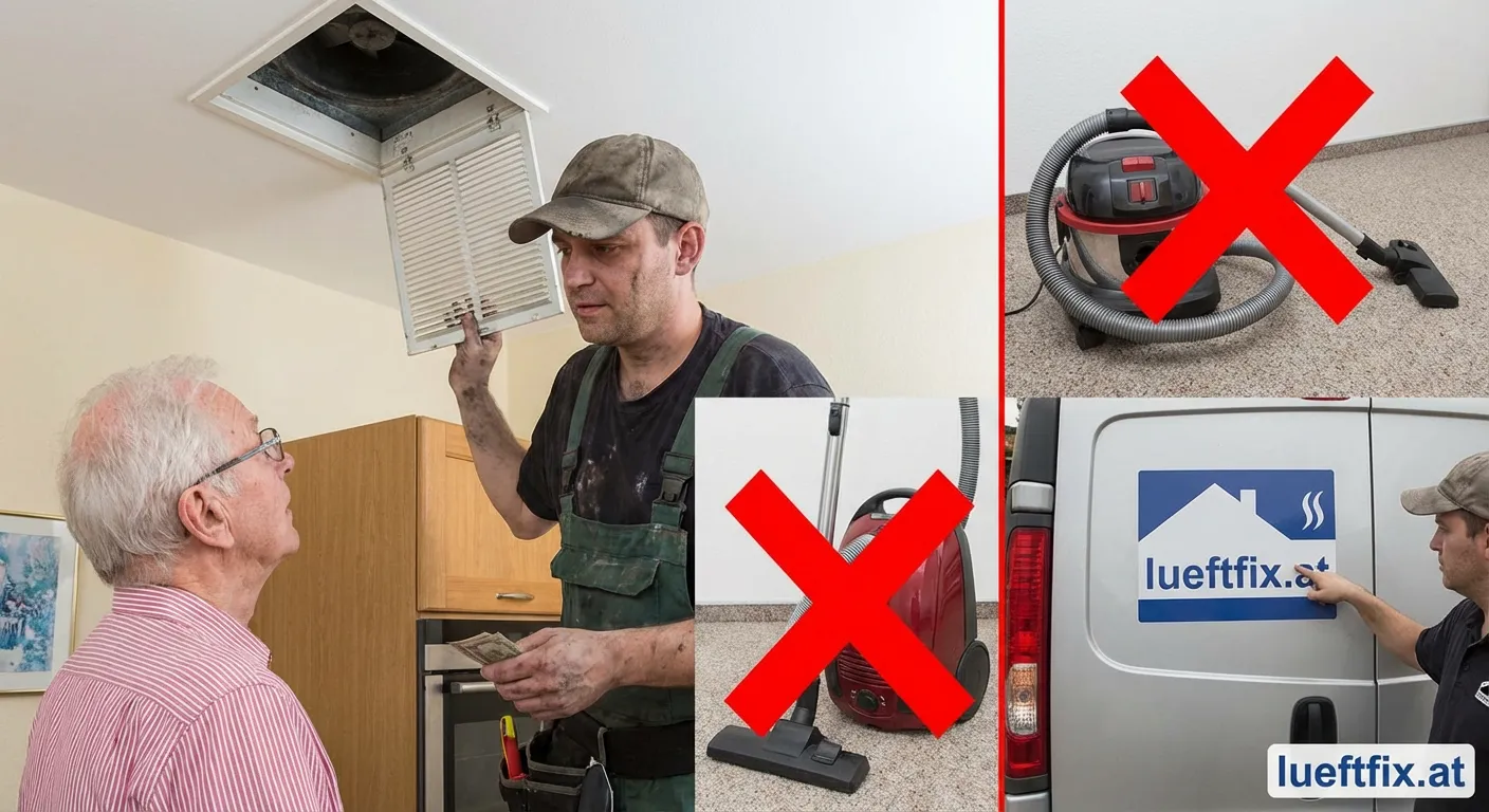 Handwerker prüft Lüftungssystem mit Messgerät