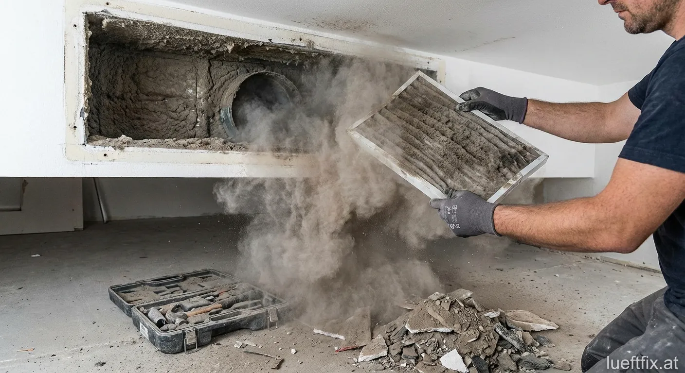 Stark verschmutztes Lüftungsrohr mit Baustaub Ablagerungen