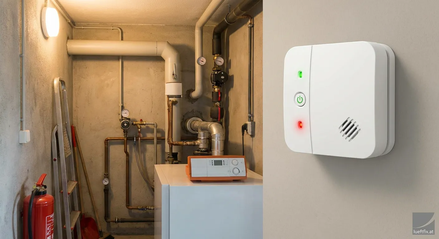 CO-Melder an der Wand eines modernen Heizraums installiert