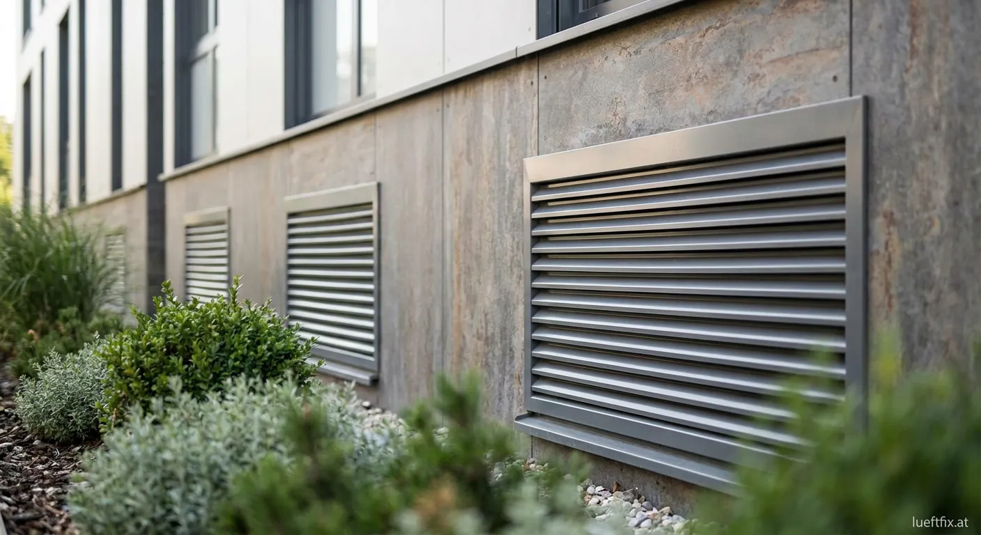 Edelstahl Design Abdeckung für Außenwandlüftungsdurchlass an moderner Hausfassade