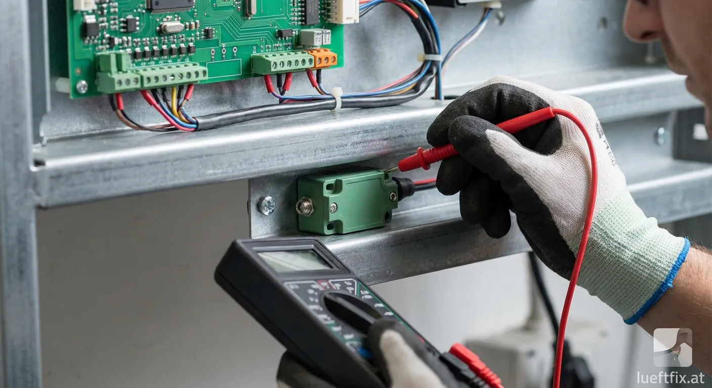 Techniker beim Endschalter prüfen mit einem Multimeter an einer Maschine