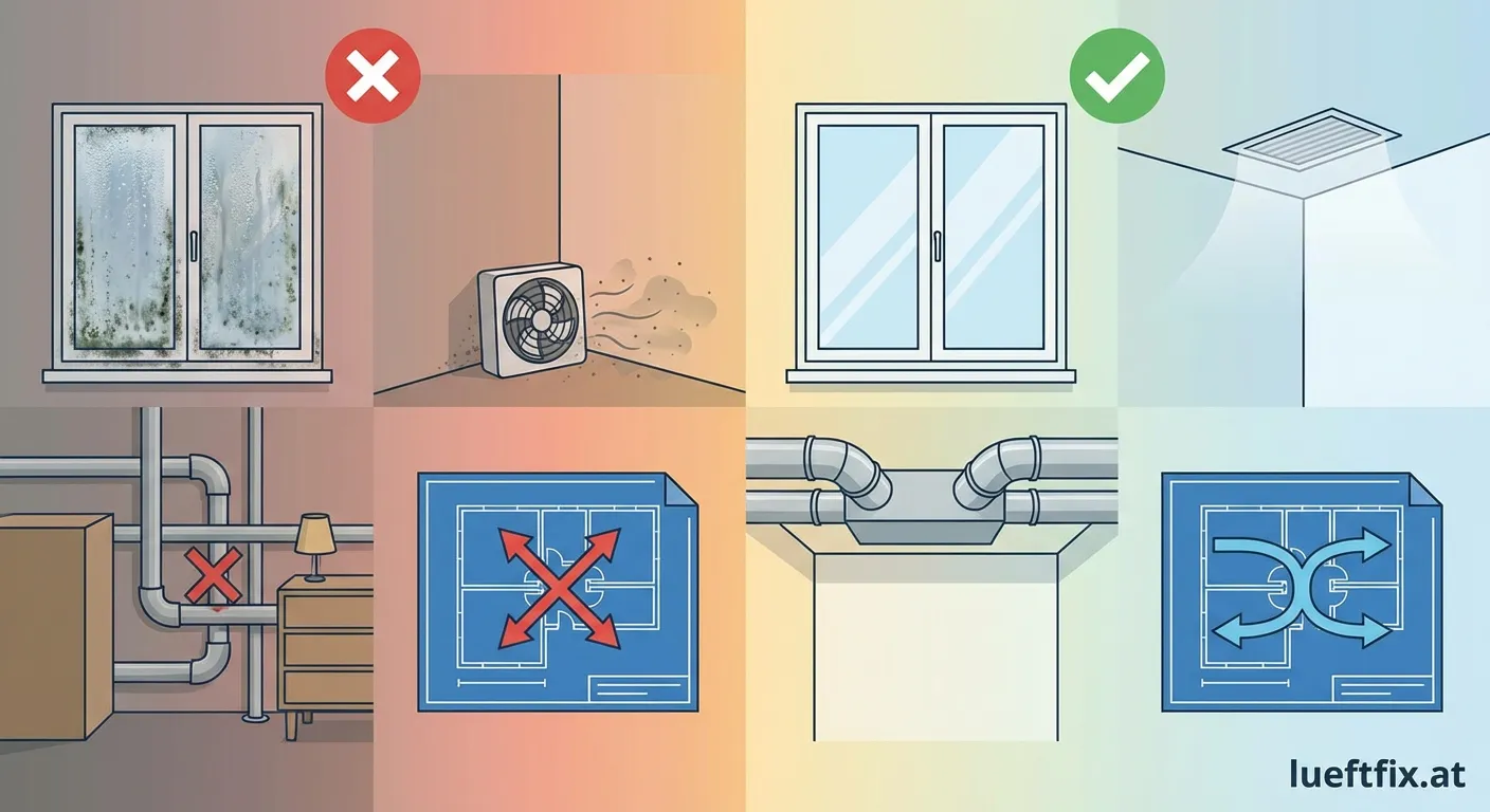 Plan eines Hauses mit eingezeichneten Lüftungskanälen und Fehlerhinweisen