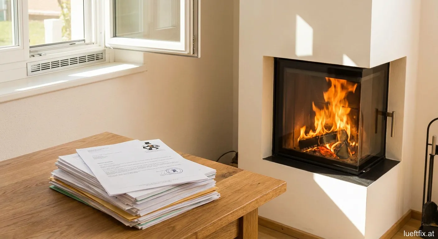 Feuerstättenbescheid Dokument auf einem Tisch mit Lüftungssystem im Hintergrund