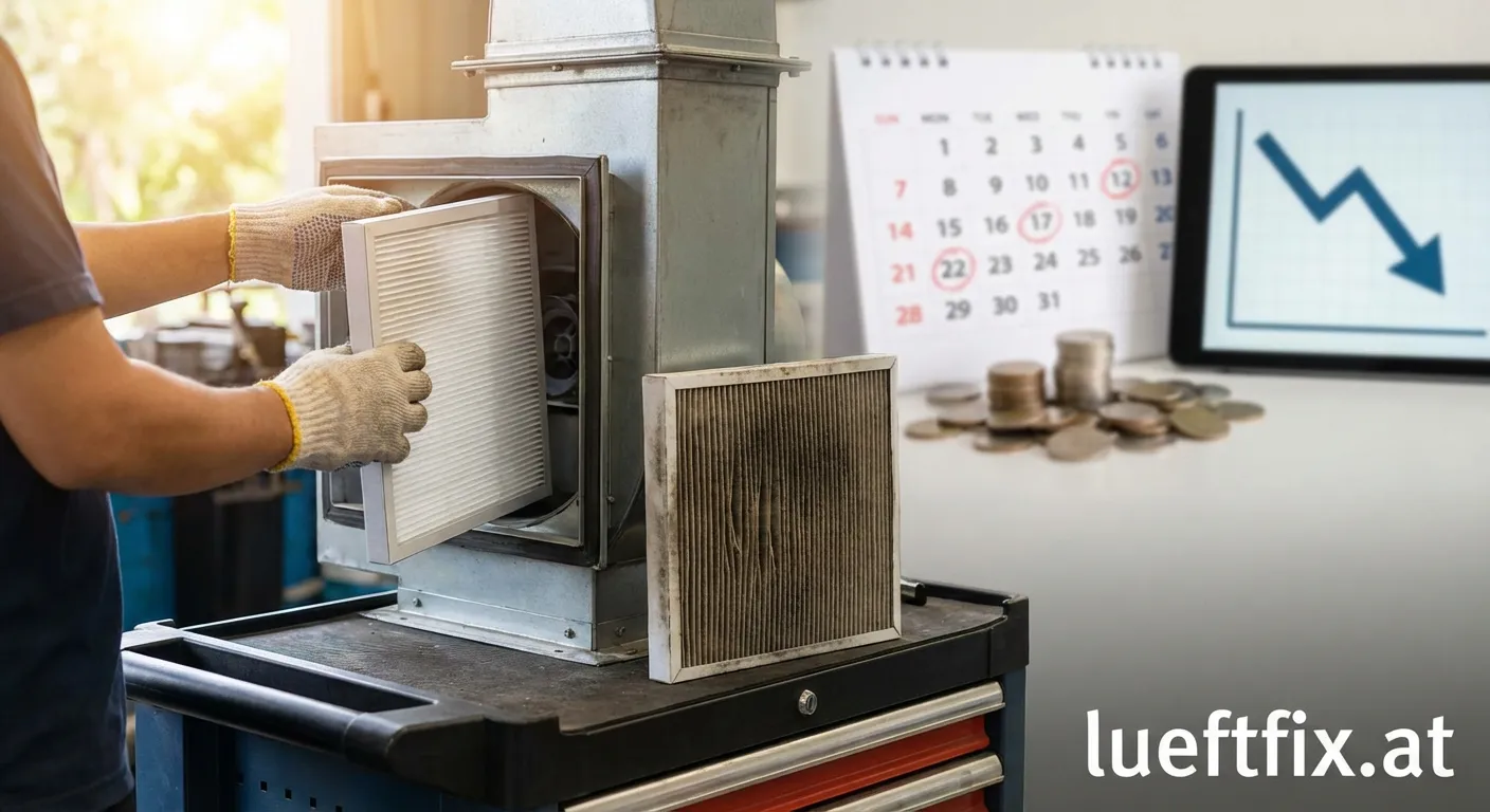 Techniker prüft Lüftungsfilter zur Intervall-Optimierung