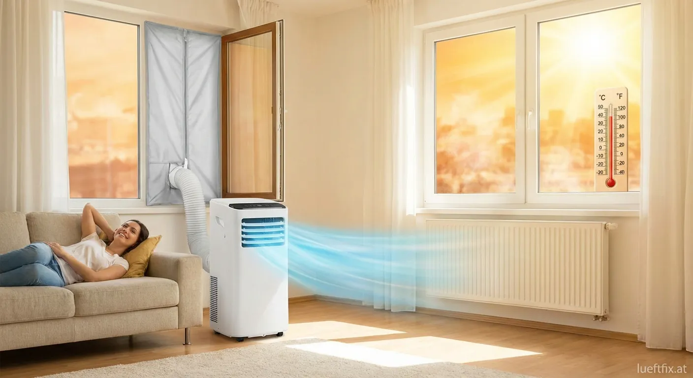 Installierter Hot Air Stop am Fenster für mobile Klimaanlage