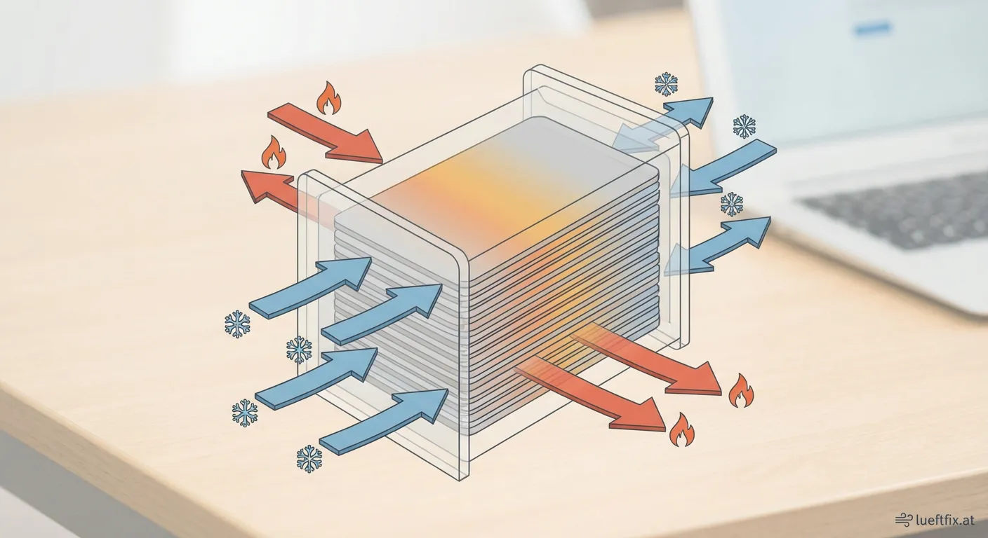 Schema eines Kreuzgegenstromwärmetauschers mit Luftströmen