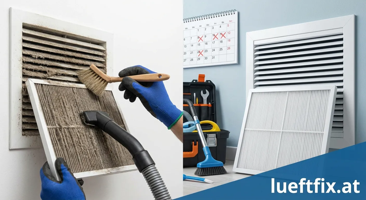 Techniker prüft und reinigt eine moderne Lüftungsanlage in einem Wohnhaus