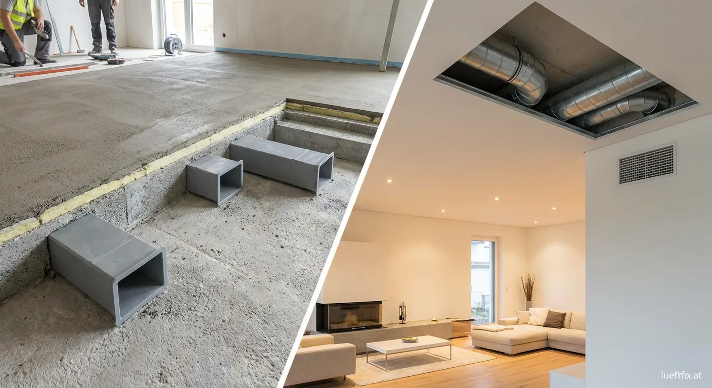 Installation von Lüftungskanälen auf dem Rohfußboden vor Estrichverlegung