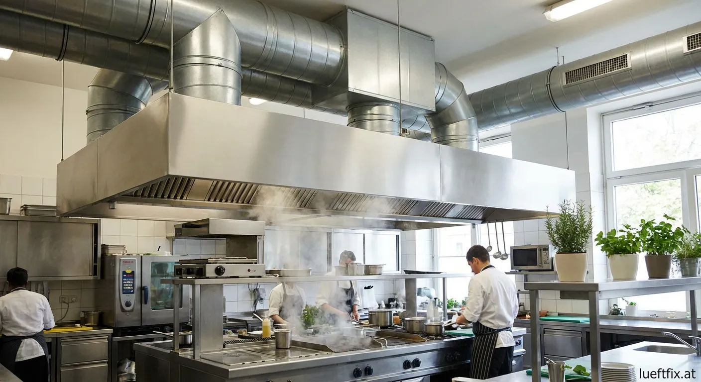 Moderne gewerbliche Küchenlüftungsanlage mit Absaugung über Kochstelle