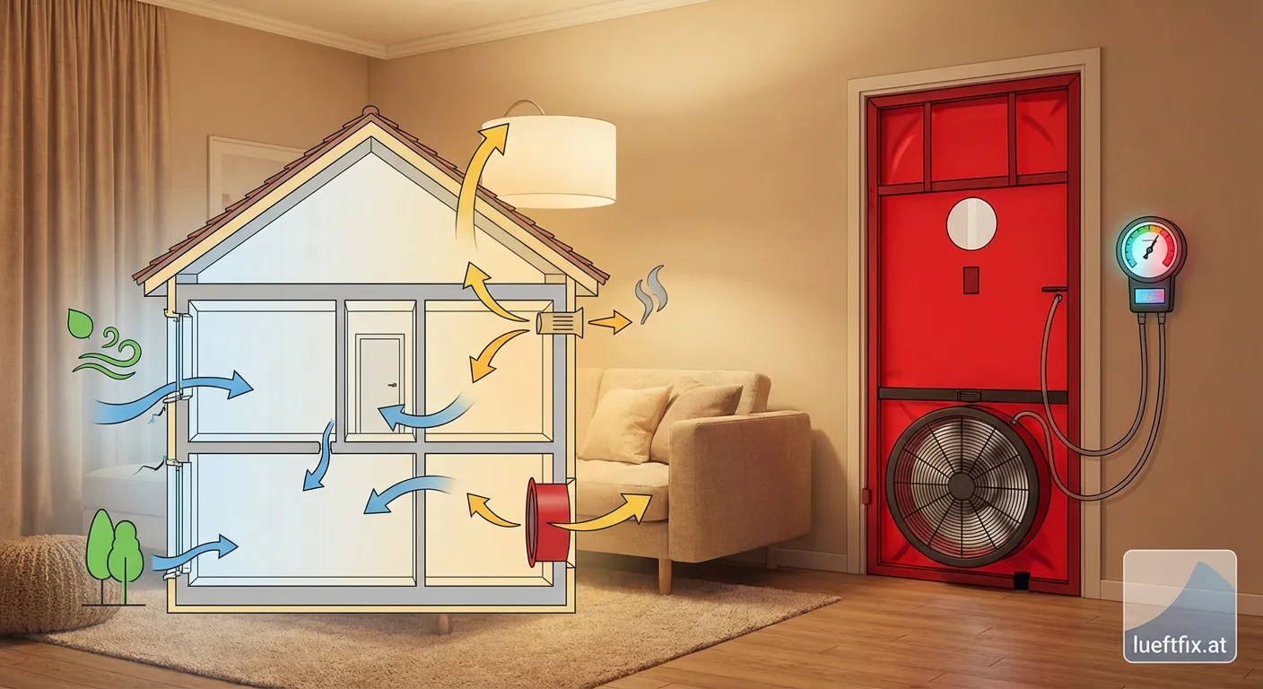 Blower Door Test Messgerät im Türrahmen zur Bestimmung der Luftwechselrate n50