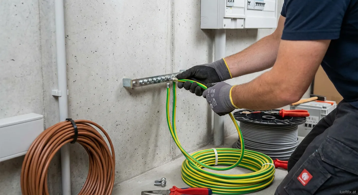 Erdungskabel an einem Lüftungsrohr zur Sicherung des Potenzialausgleichs