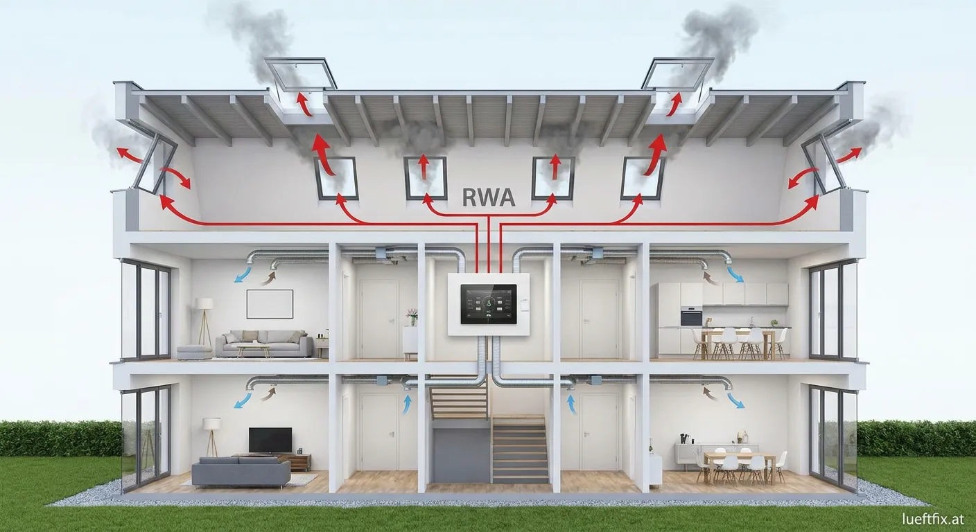 Moderne Rauchabzugsanlage mit integrierter Wohnraumlüftung im Gebäude
