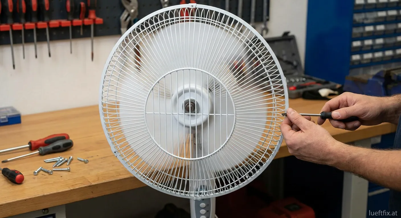 Metall-Schutzgitter an einem Industrie-Ventilator montiert