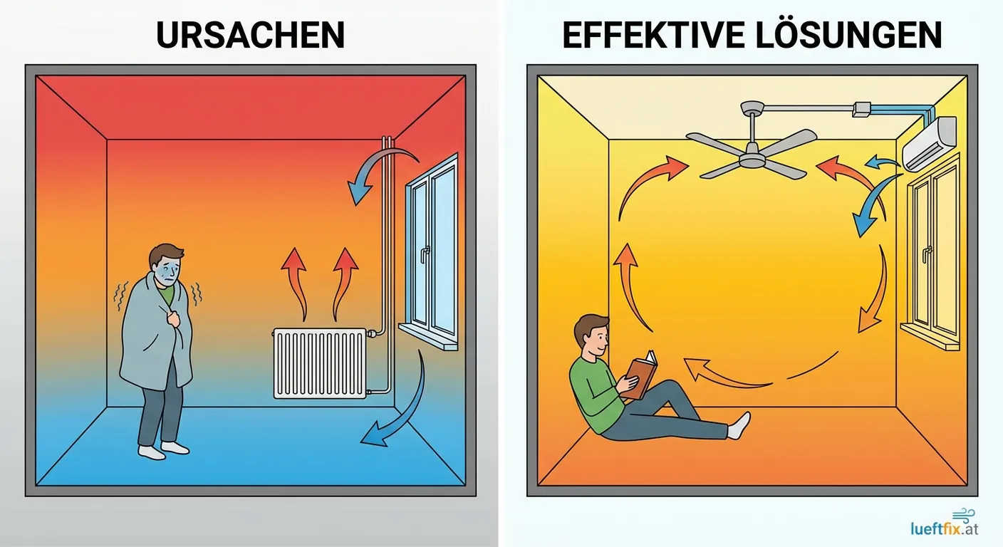 Schematische Darstellung der Luftzirkulation und Temperaturschichten in einem Innenraum