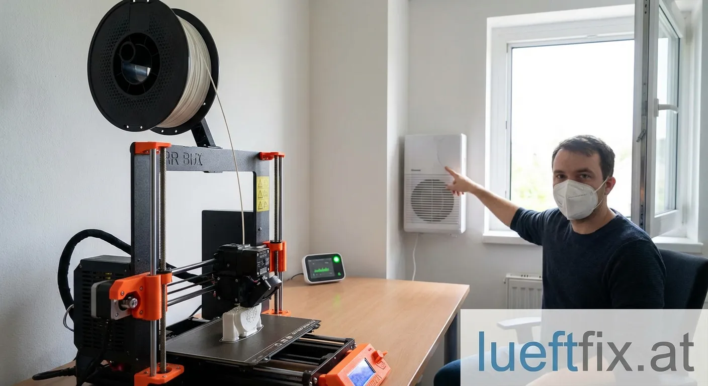 3D-Drucker in Betrieb mit sichtbarer Lüftungsanlage und Warnhinweis zu VOCs