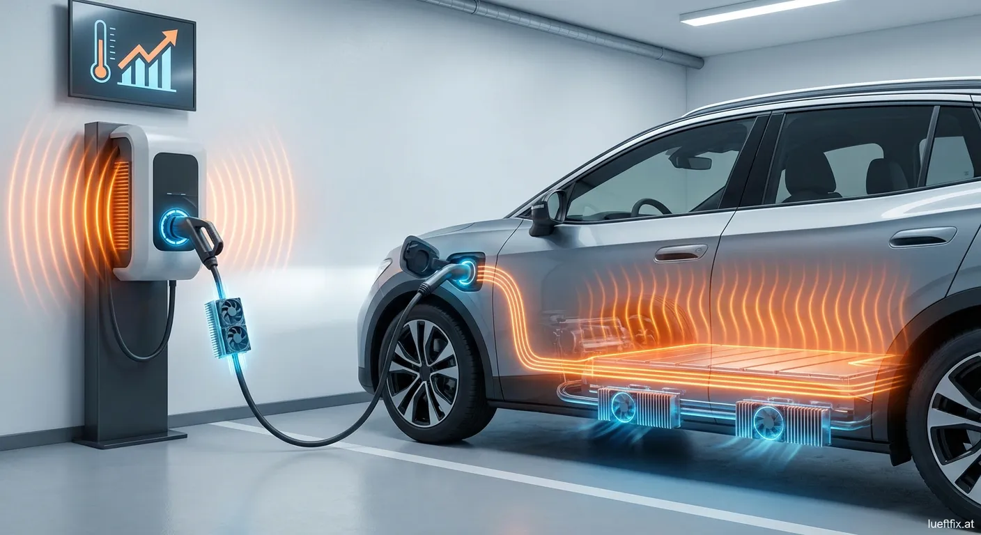 Elektroauto an Ladestation mit schematischer Darstellung der Wärmeableitung