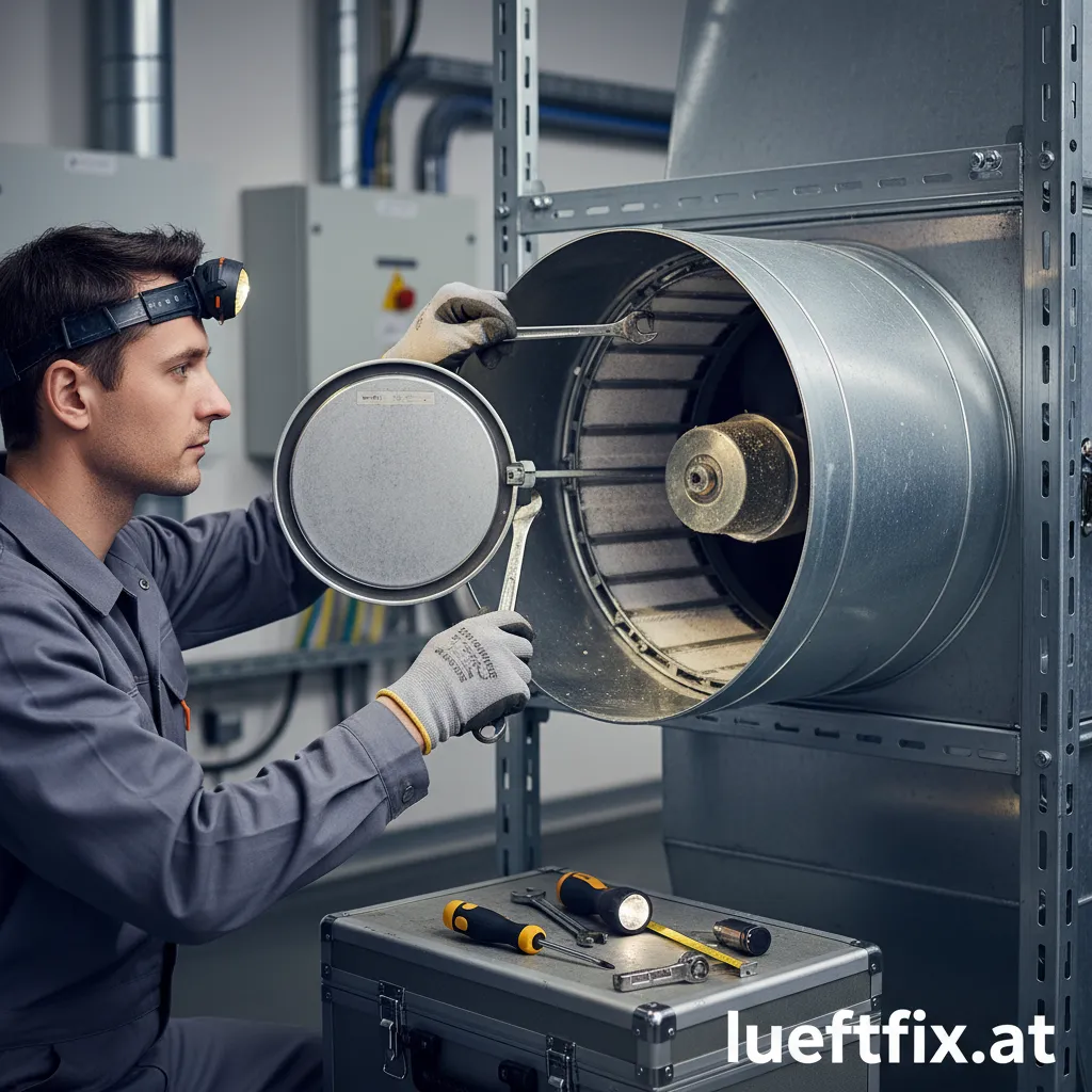 Techniker bei der Wartung einer modernen Lüftungsanlage in einem Wohnhaus in Wien.