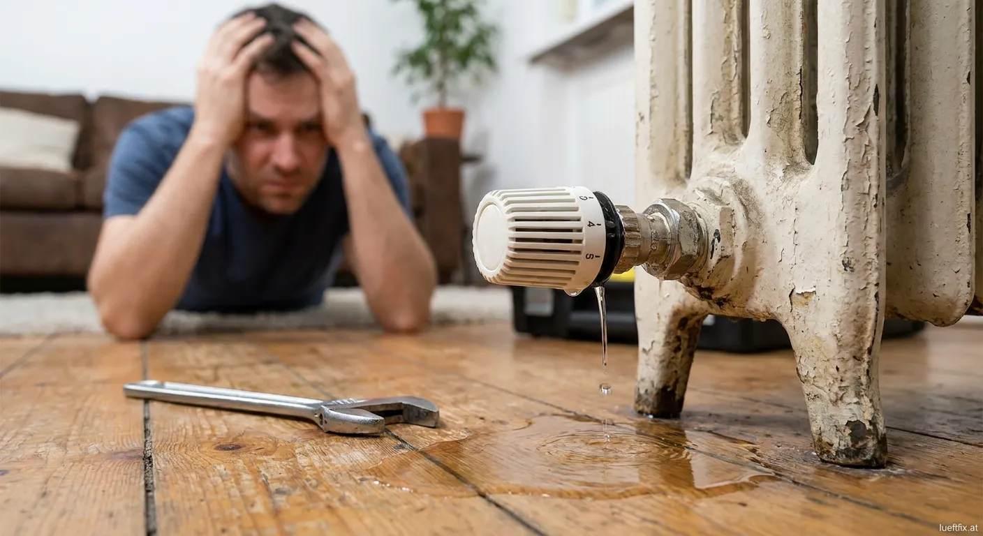 Person arbeitet professionally an einem Thermostatventil eines Radiators