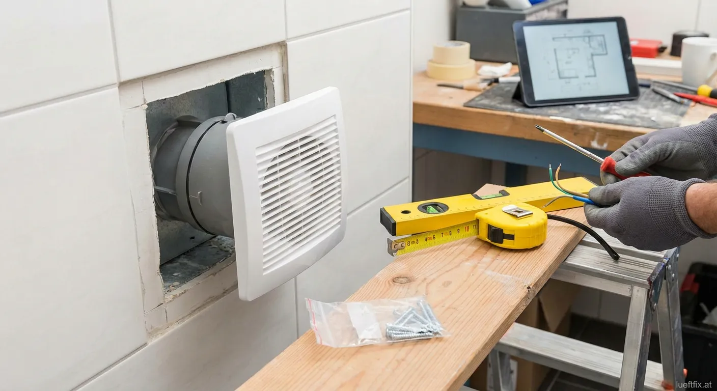 Weißer Badlüfter an einer gefliesten Wand installiert